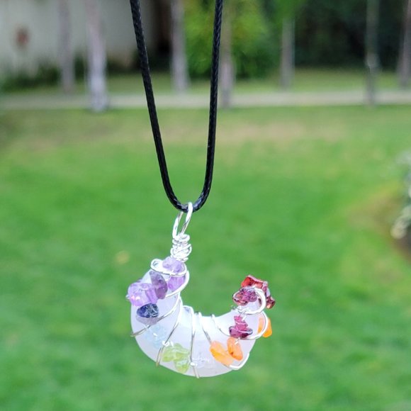 White Agate Crescent Moon 7 Chakra Pendant - Picture 3 of 6